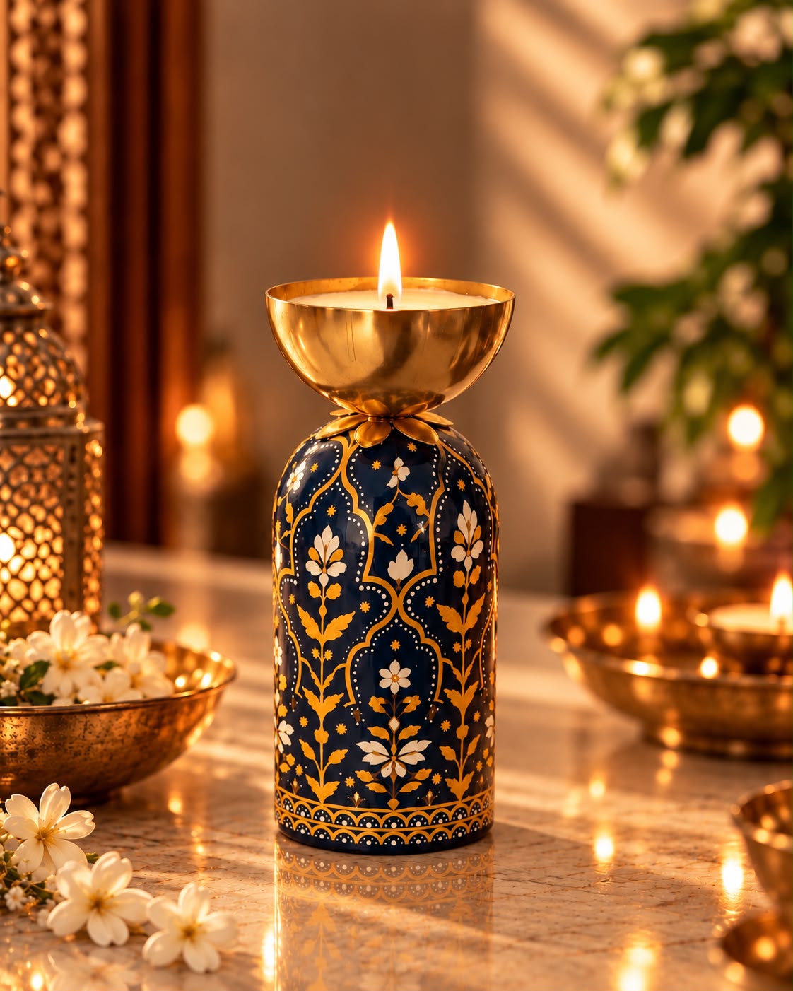 Saanjh Navy Blue Meenakari Resuable Candle (7 inch)